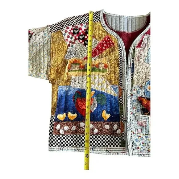 Vintage checkered oversized Cottagecore  Farm themed patchwork quilt coat L/XL - Picture 9 of 10